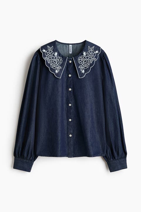 Embroidered-collar Denim Blouse