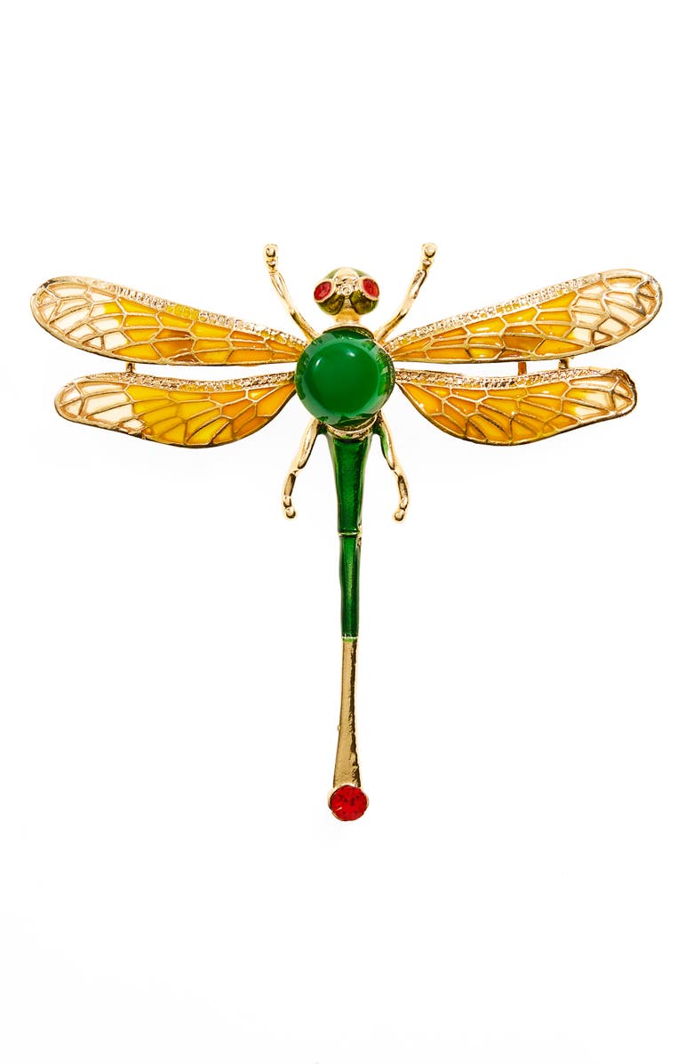 Kenneth Jay Lane Green Dragonfly Pin, Main, color, Gold