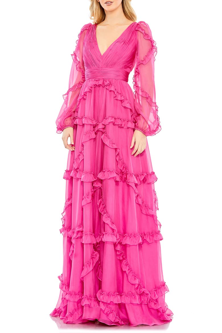 Cascade Ruffle Long Sleeve A-Line Gown, Main, color, FUCHSIA