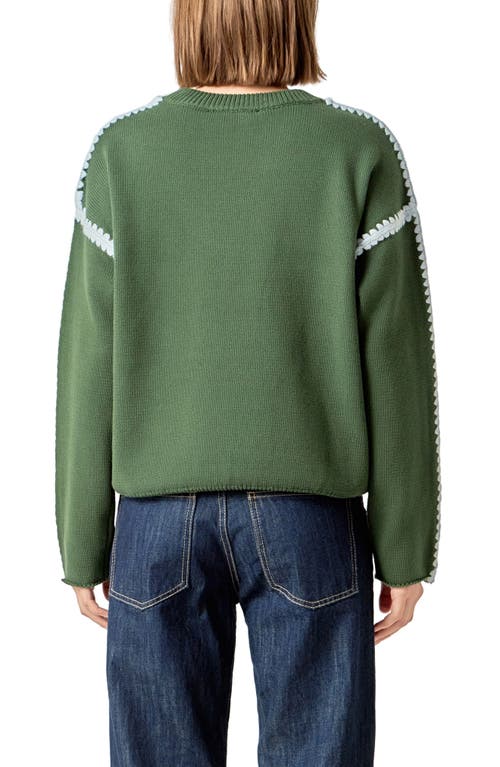 English Factory Stitch Detail Relaxed Fit Cotton Sweater In Green