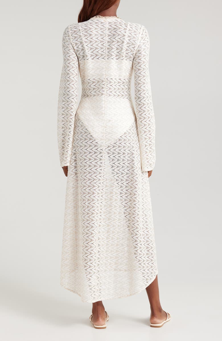 Ramy Brook Fatima Metallic Long Sleeve Sheer Cover-Up Maxi Dress, Alternate, color, White/ Gold Zig Zag