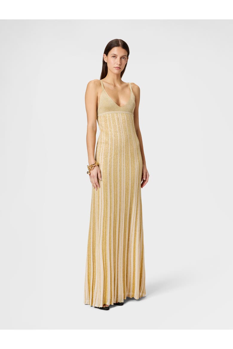 Sleeveless Long Dress In Viscose Lamé Blend With Sequins, Alternate, color, Gold