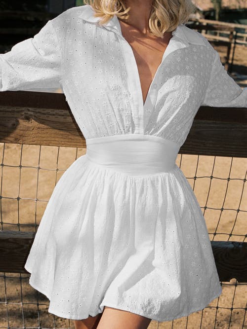 Miss Circle Gabriella Cotton Eyelet Button Up Long Sleeve Shirt Dress In White