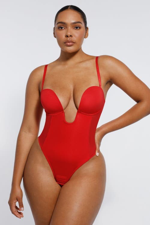 Shapellx Airslim Deep Plunge Low-back Thong Bodysuit In Crimson Red