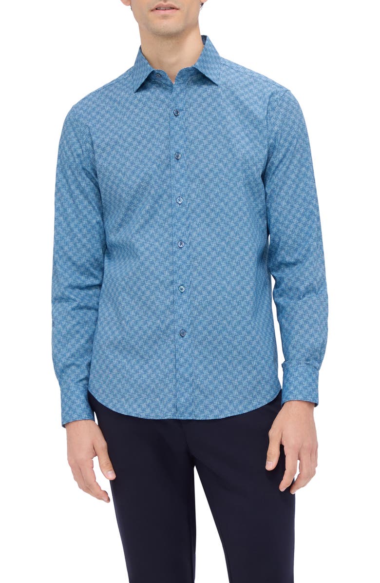 Bugatchi Axel Shaped Fit Geo Print Stretch Cotton Button-Up Shirt, Main, color, Dusty Blue