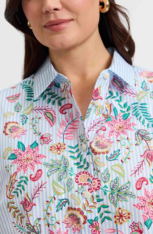 Foxcroft Meghan Stripe Floral Embroidered Cotton Button-up Shirt In Ivory Multi