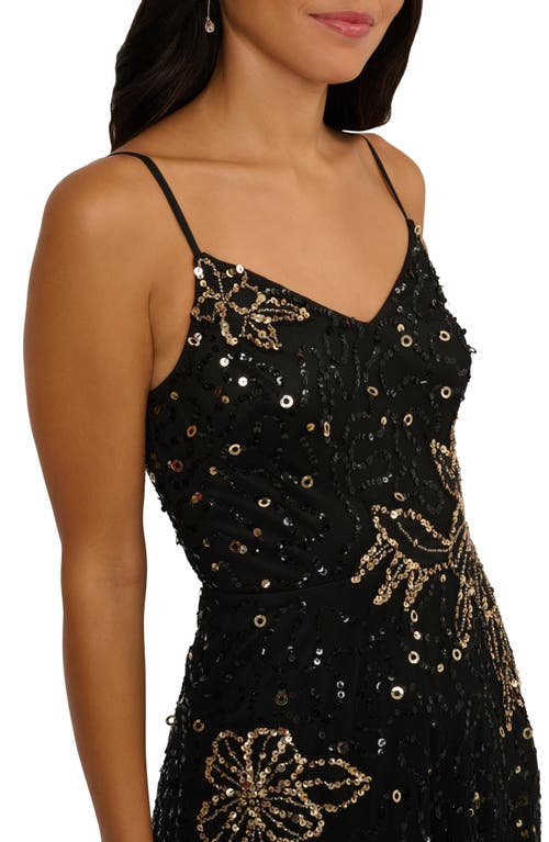 Adrianna Papell Sequin & Bead Floral Mesh Gown In Black