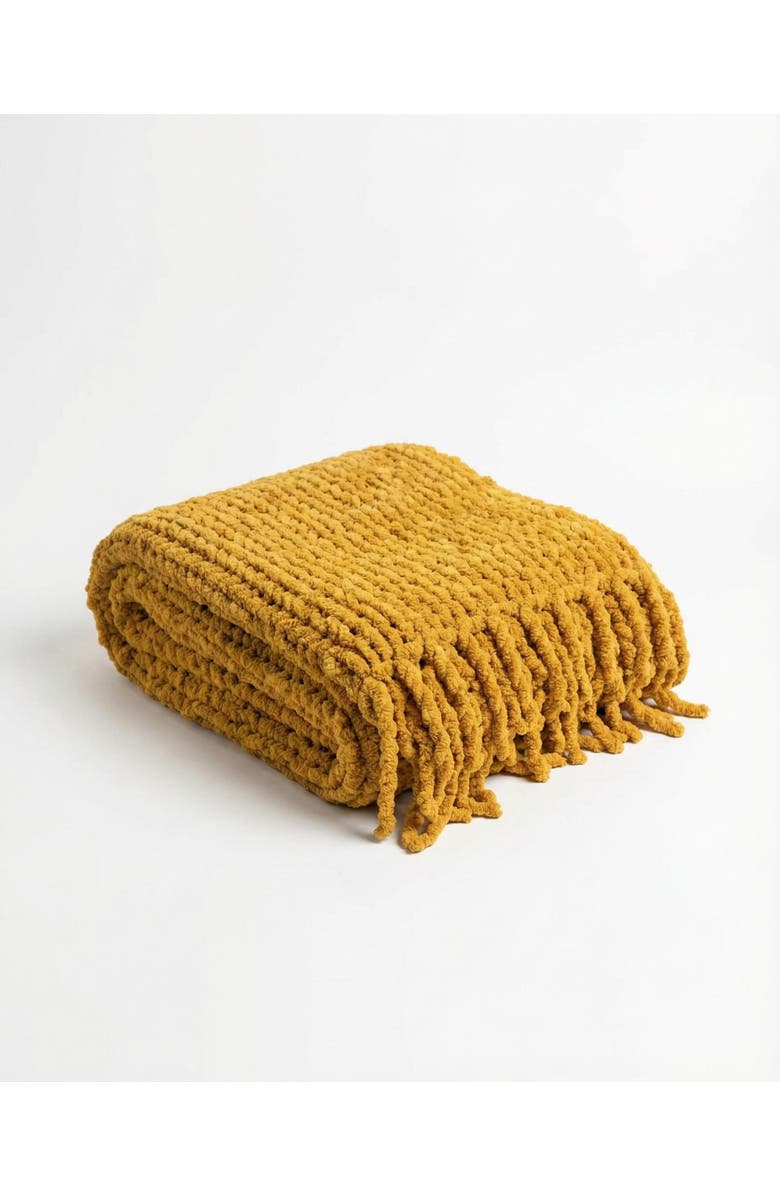 VILLA ABURI Chunky Chenille Knit Blanket With Fringe, Main, color, Saffron