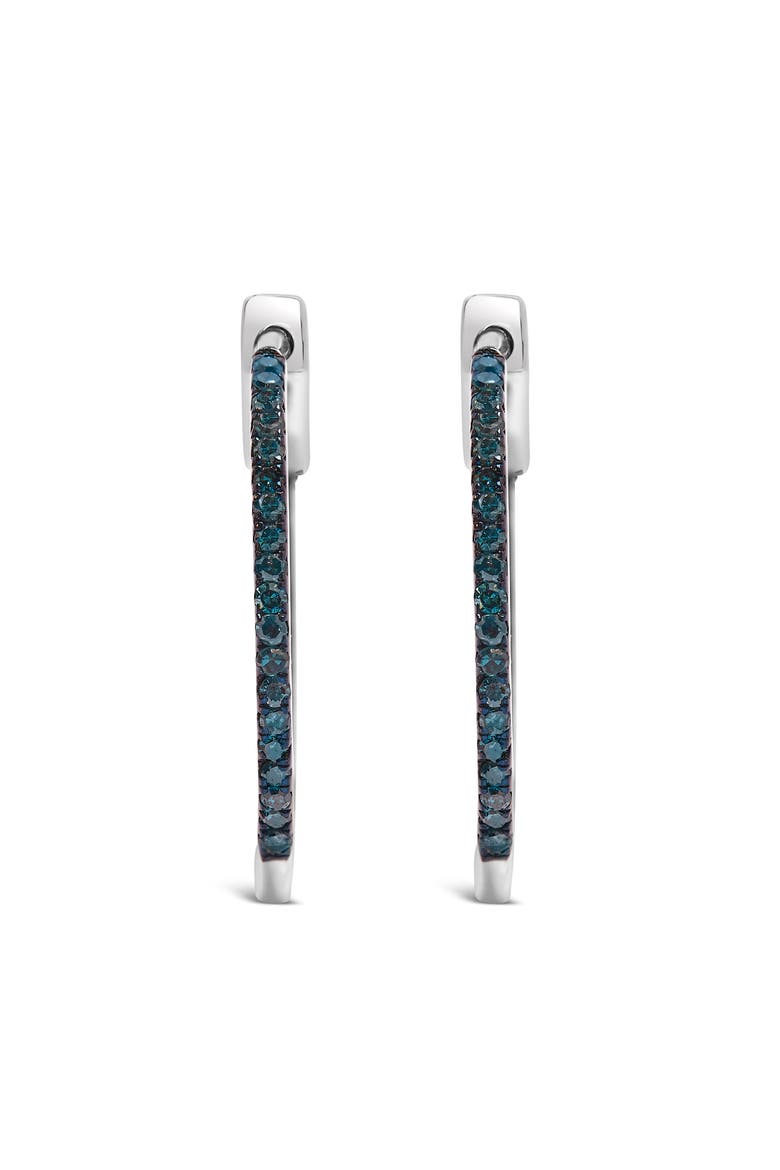 Silver 1/3 Cttw Inside Out Blue Treated Diamond 1MM Wide Hoop Earrings, Alternate, color, White