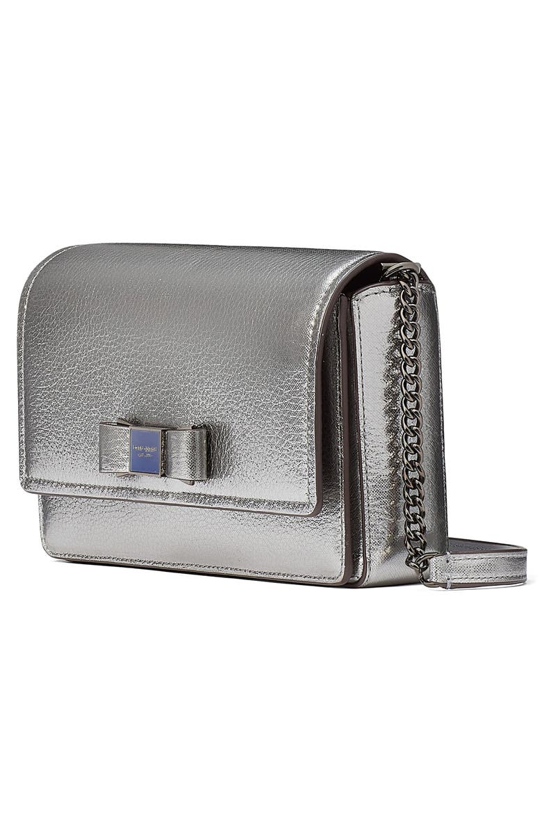 Kate Spade New York morgan bow embellished metallic leather wallet on a chain, Alternate, color, Silver