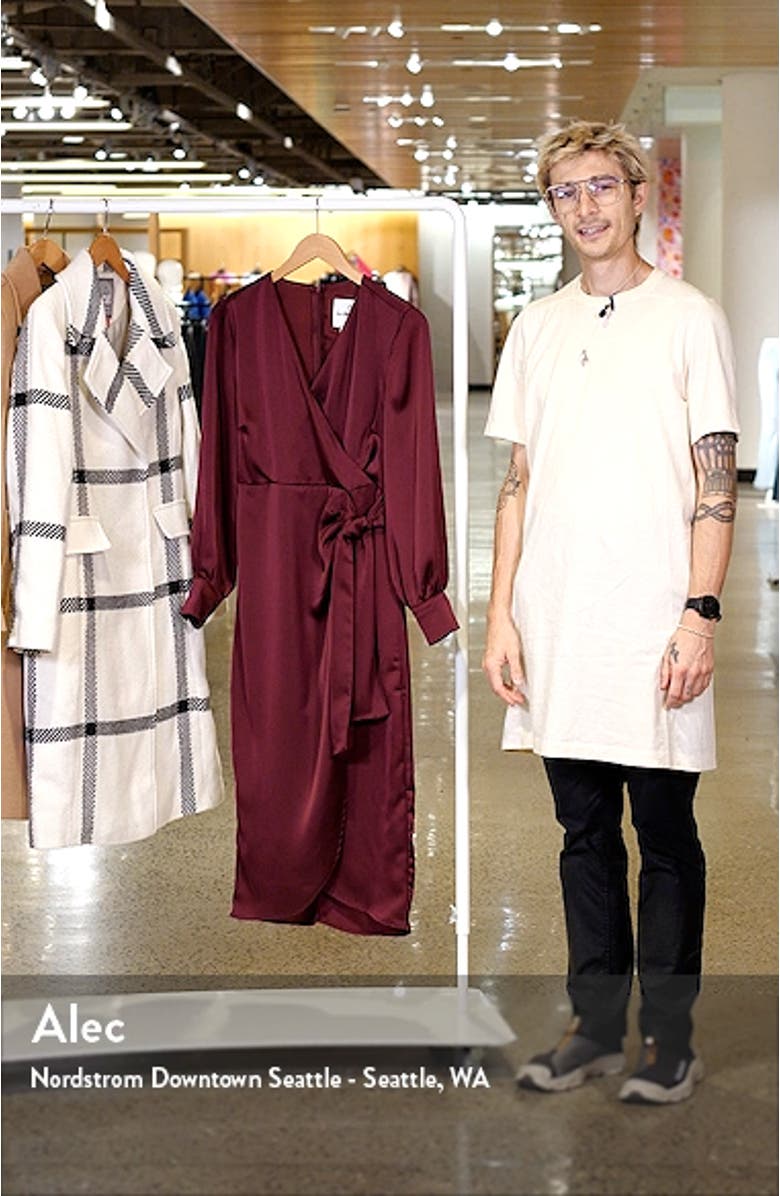 Fluid Long Sleeve Satin Faux Wrap Midi Dress, sales video thumbnail