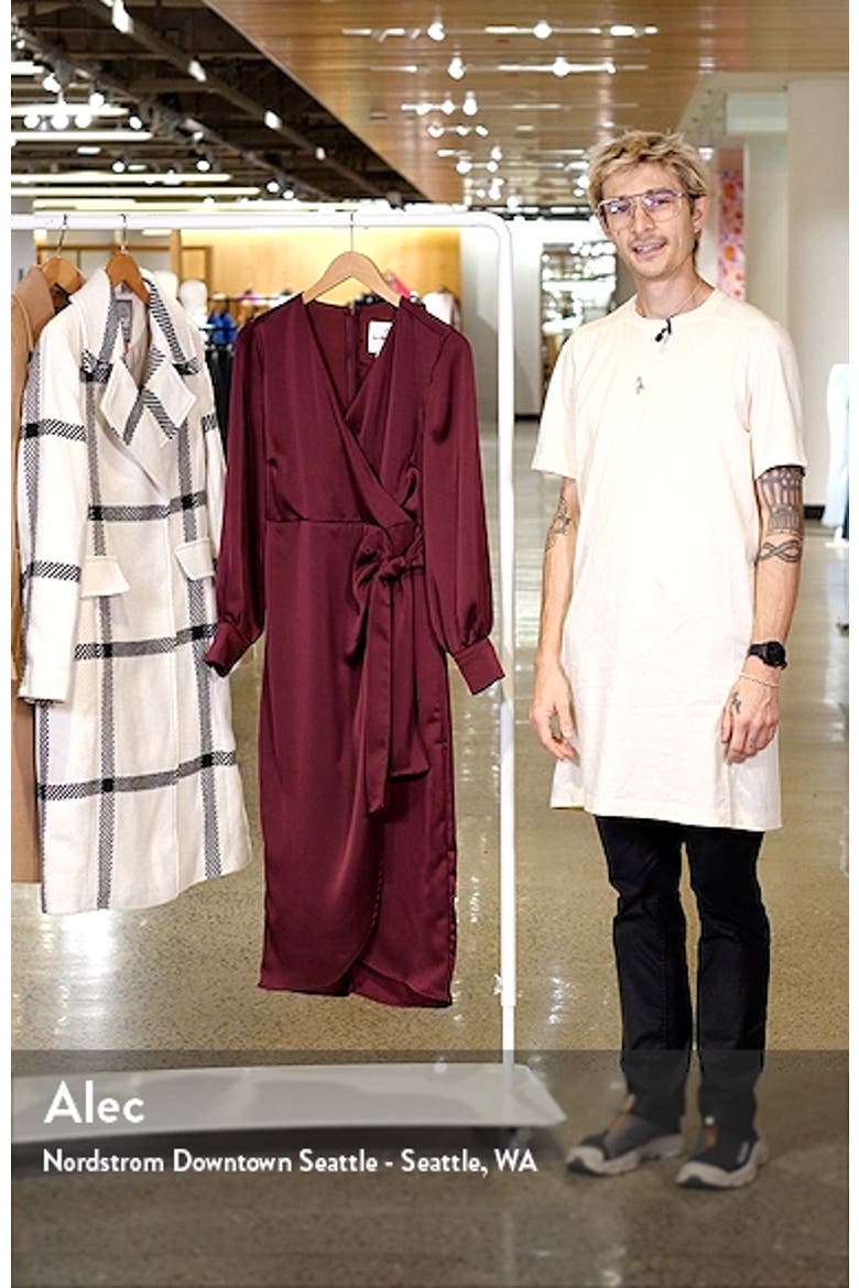 Fluid Long Sleeve Satin Faux Wrap Midi Dress video