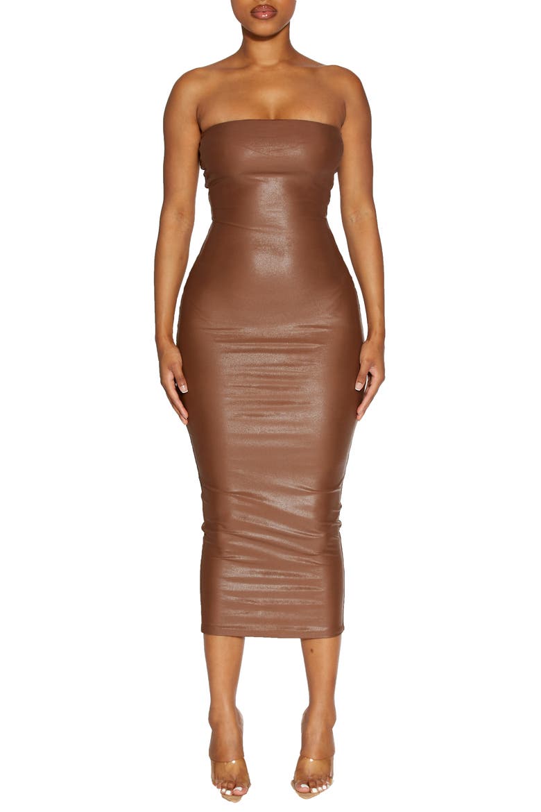 Got the Drip Strapless Body-Con Midi Dress, Main, color, BROWN