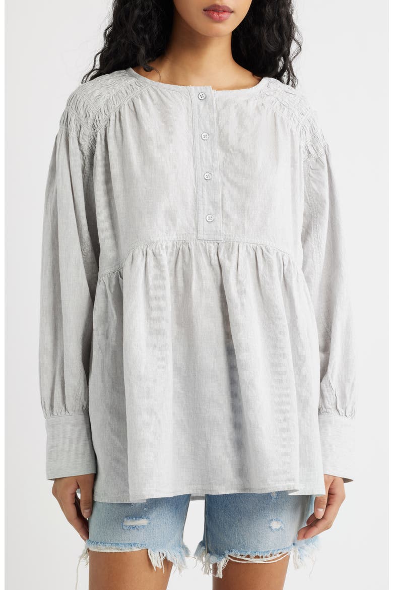 Alana Linen & Cotton Blend Babydoll Tunic, Main, color, BLUE AND WHITE COMBO