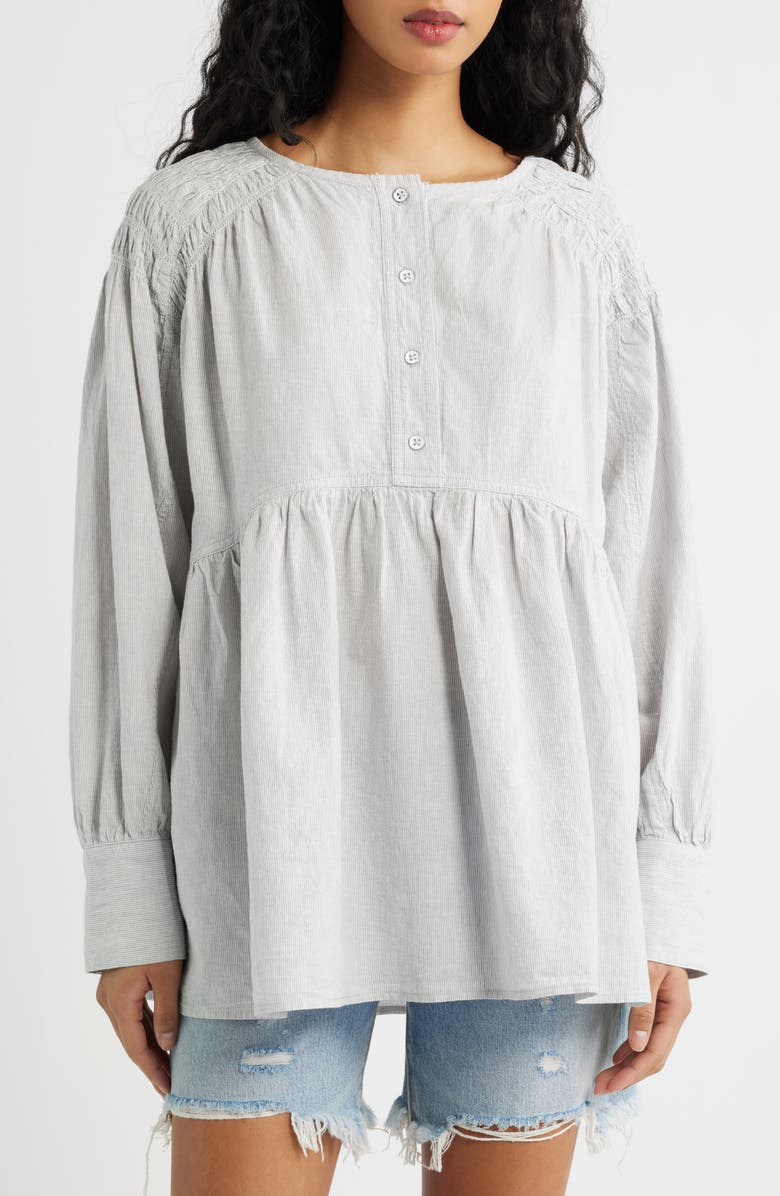 Free People Alana Linen & Cotton Blend Babydoll Tunic, Main, color, Blue And White Combo