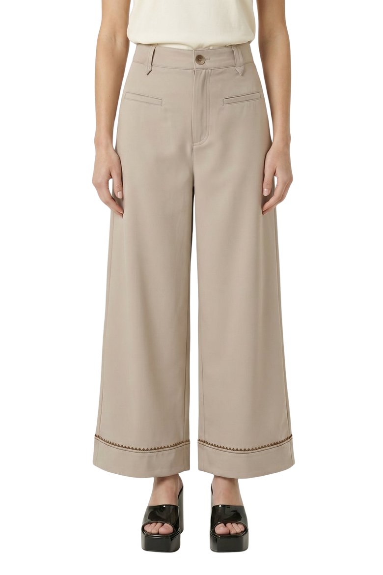 High Waist Wide Leg Pants with Embroidered Hem and Patch Pockets, Alternate, color, Khaki