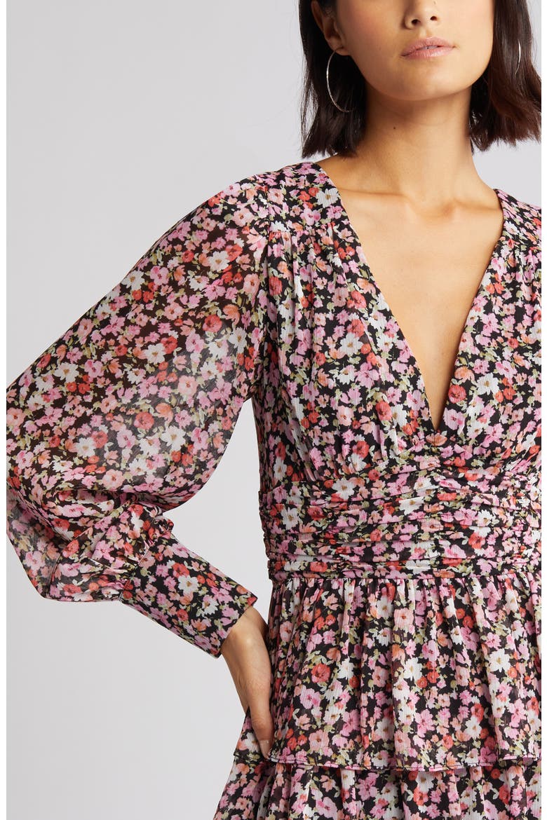 Floral Tiered Long Sleeve Minidress, Alternate, color, BLACK DITSY