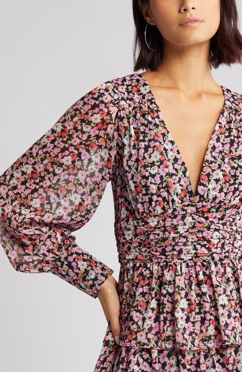 Charles Henry Floral Tiered Long Sleeve Minidress, Alternate, color, Black Ditsy