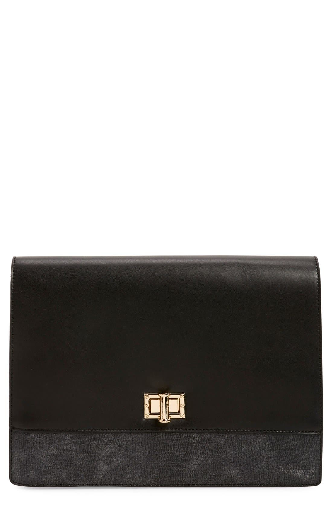 'Exotic' Boxy Flap Clutch, Main, color, BLACK
