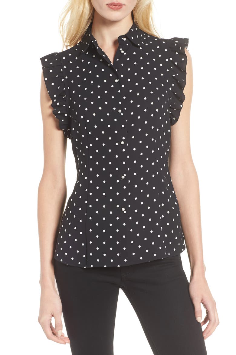 Anne Klein Polka Dot Ruffle Sleeve Blouse, Main, color, ANNE WHITE/ ANNE BLACK