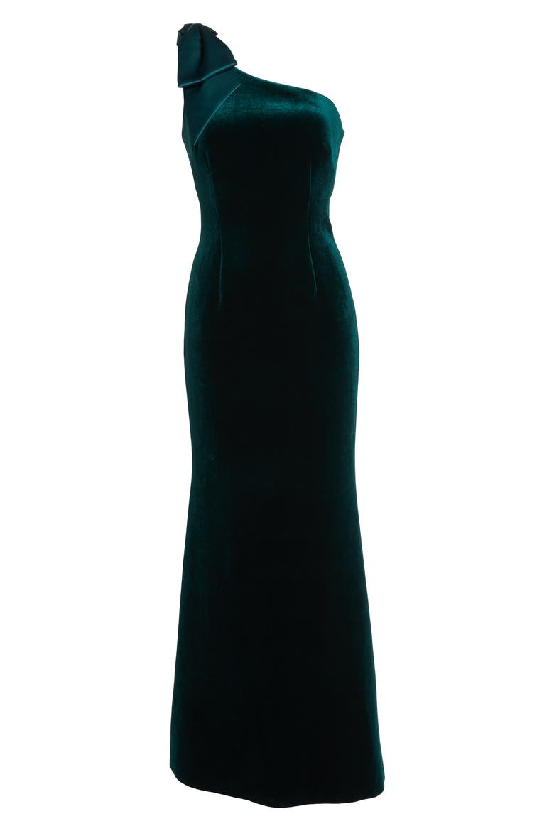 Bow One-Shoulder Velvet Gown, Alternate, color, HUNTER