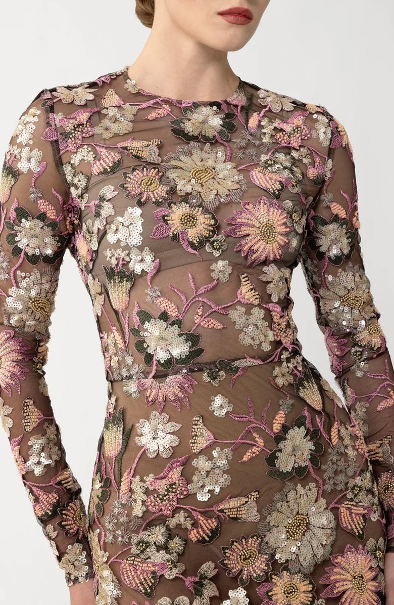 SAU LEE Goldie Embellished Long Sleeve Sheer Mermaid Gown, Alternate, color, Black Multi