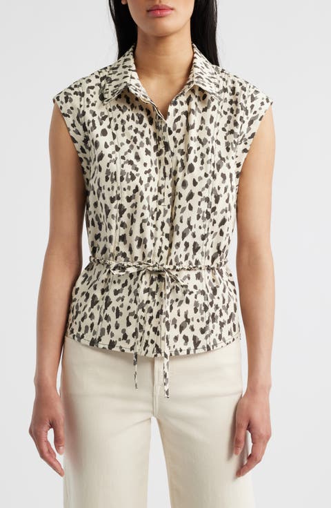 Animal Spot Cap Sleeve Cotton Peplum Top