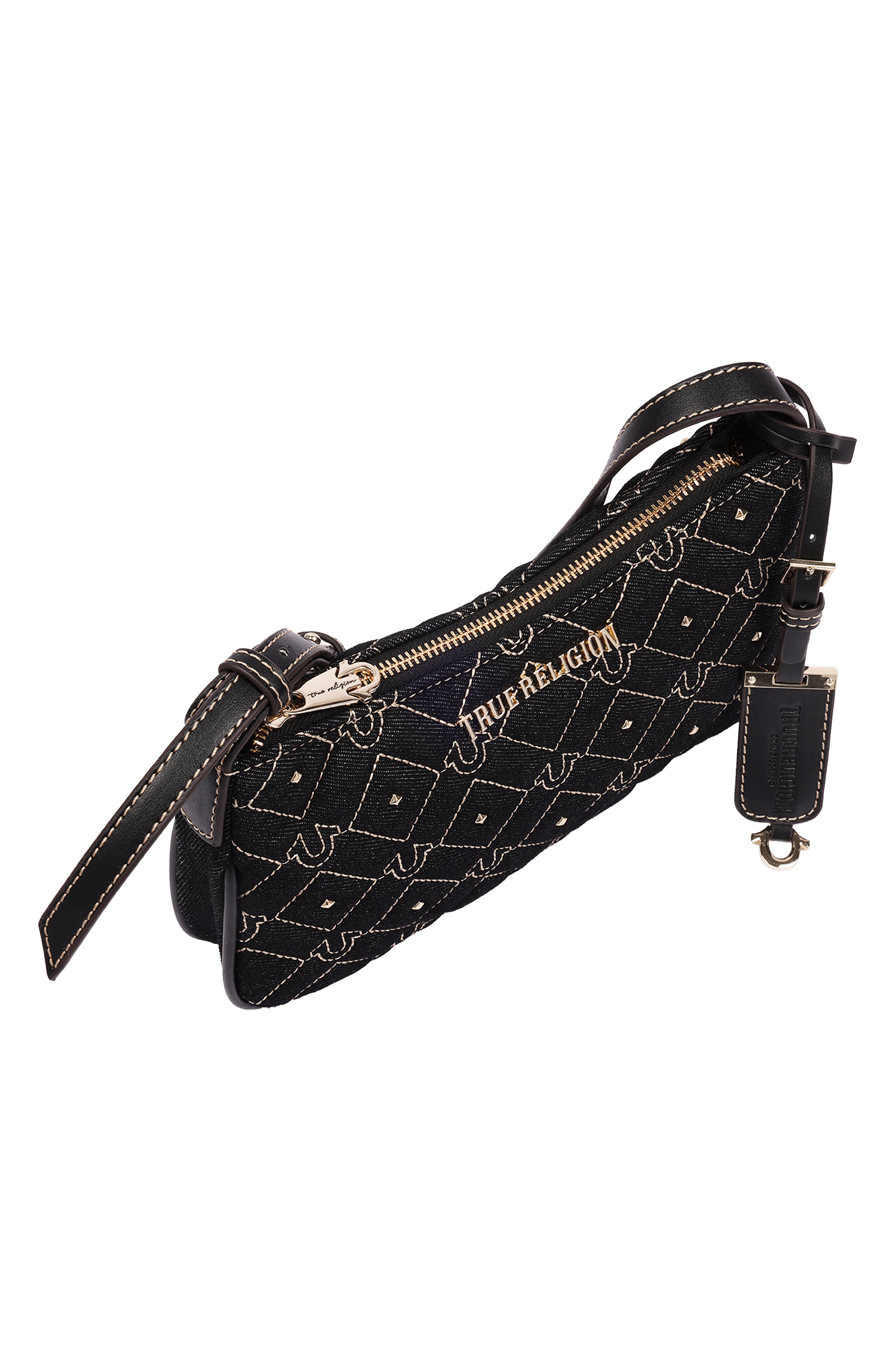 Studded Denim Shoulder Bag, Alternate, color, BLACK