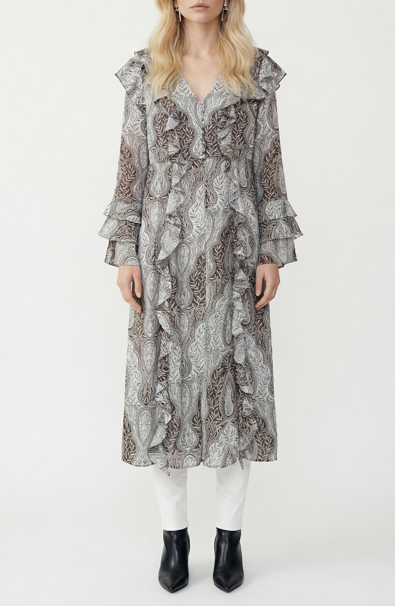 VERO MODA Tara Leaf Print Button Front Longline Cardigan, Main, color, Skywriting Aoptammy