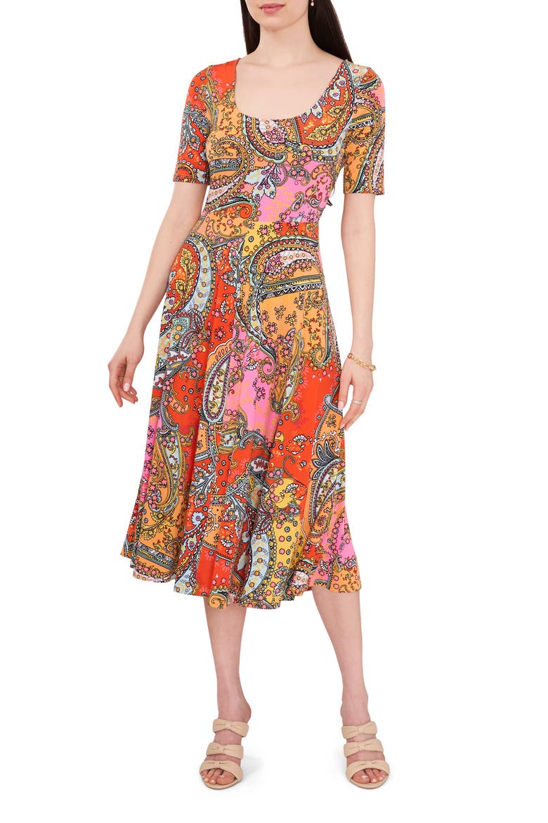 Paisley Print Midi Dress, Main, color, ORANGE/PEACH