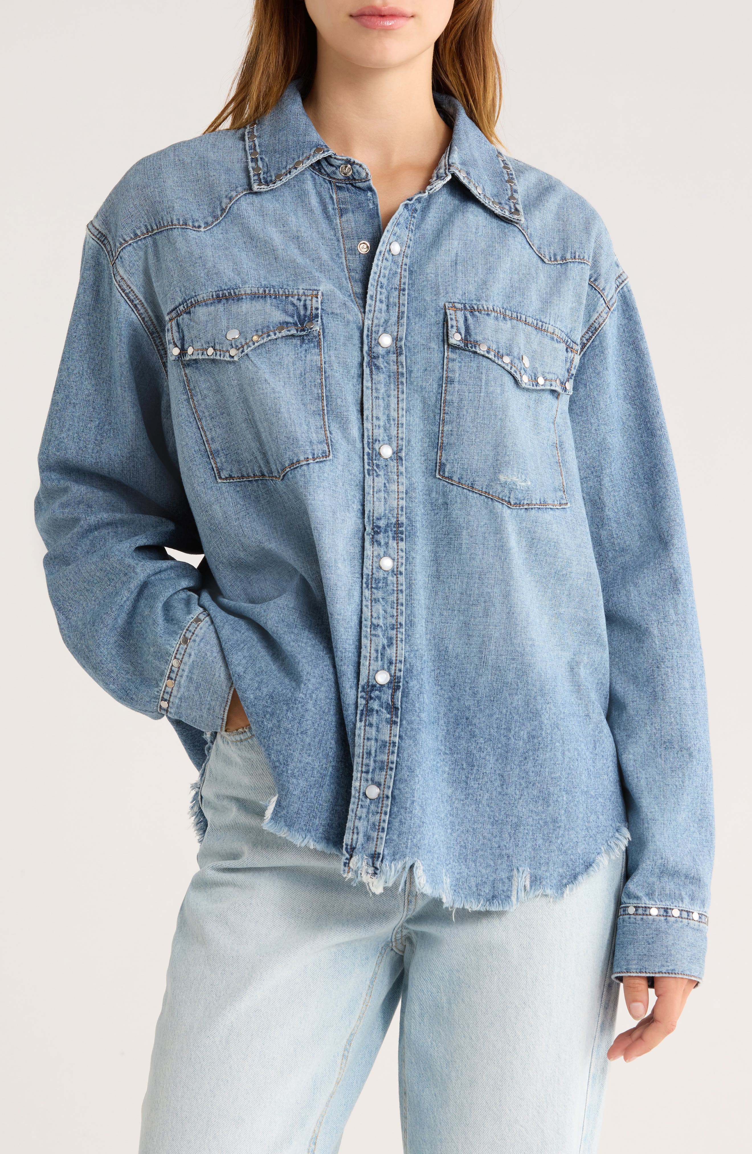 Re/Done Distressed Western Stud Denim Shirt