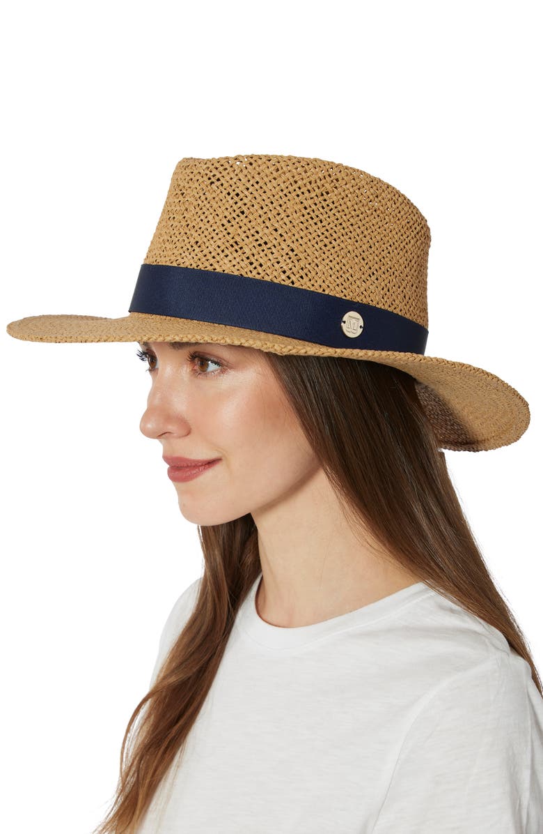 Bruno Magli Open Straw Weave Ribbon Band Fedora Sun Hat, Alternate, color, 