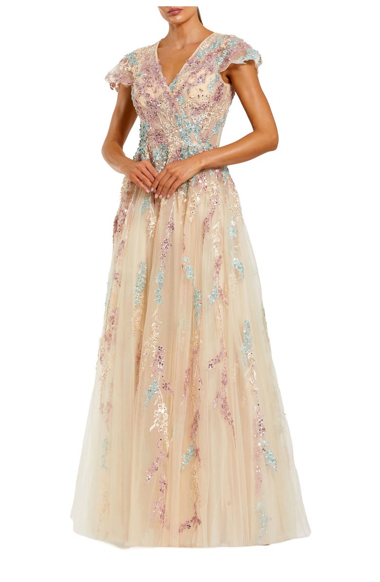 Mac Duggal Embellished Net Wrap Flutter Sleeve Gown, Main, color, Nude Multi