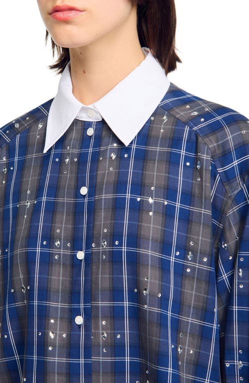 Sandro Womens Blue Rhinestone-embellished Relaxed-fit Checked Cotton Shirt In Blue