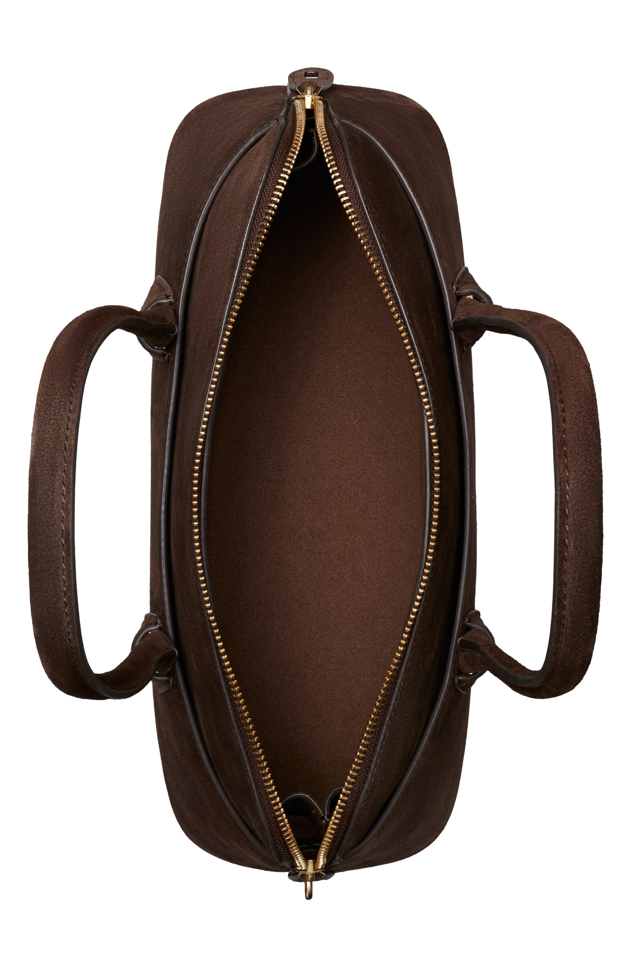 Lock Suede East-West Satchel, Alternate, color, DARK COCOA