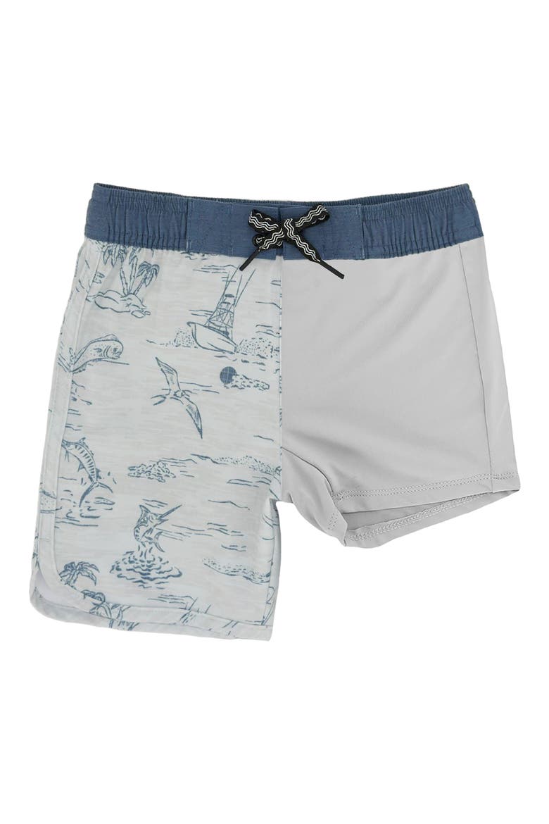 Kids' Scallop Tropical Print Board Shorts, Alternate, color, CLOUDY SKY