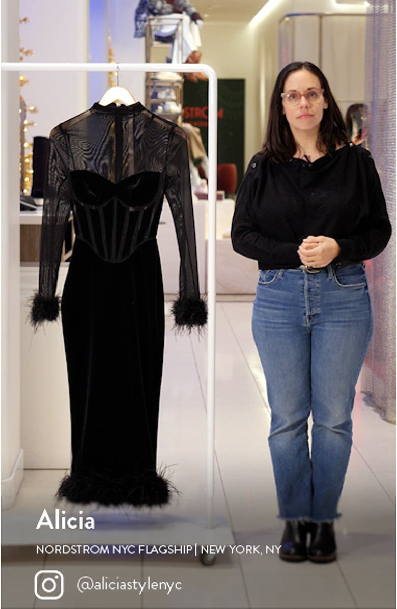 Lianna Feather Trim Long Sleeve Corset Midi Dress, sales video thumbnail