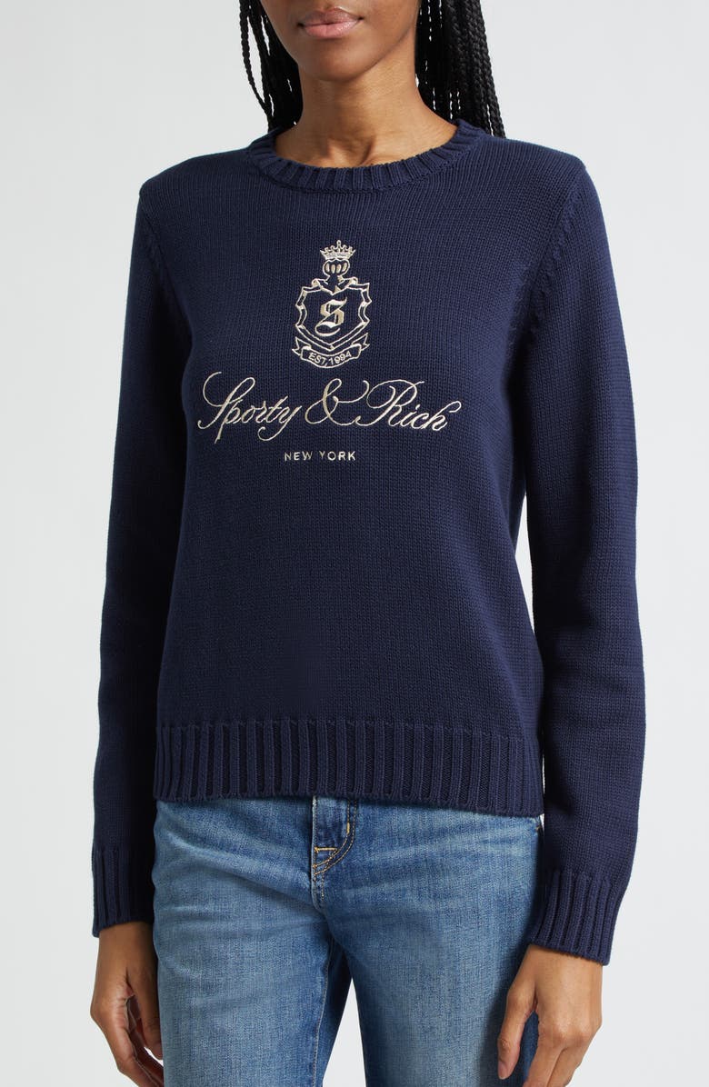 Sporty 
Rich Vendome Embroidered Crop Cotton Sweater, Alternate, color, Dark Navy