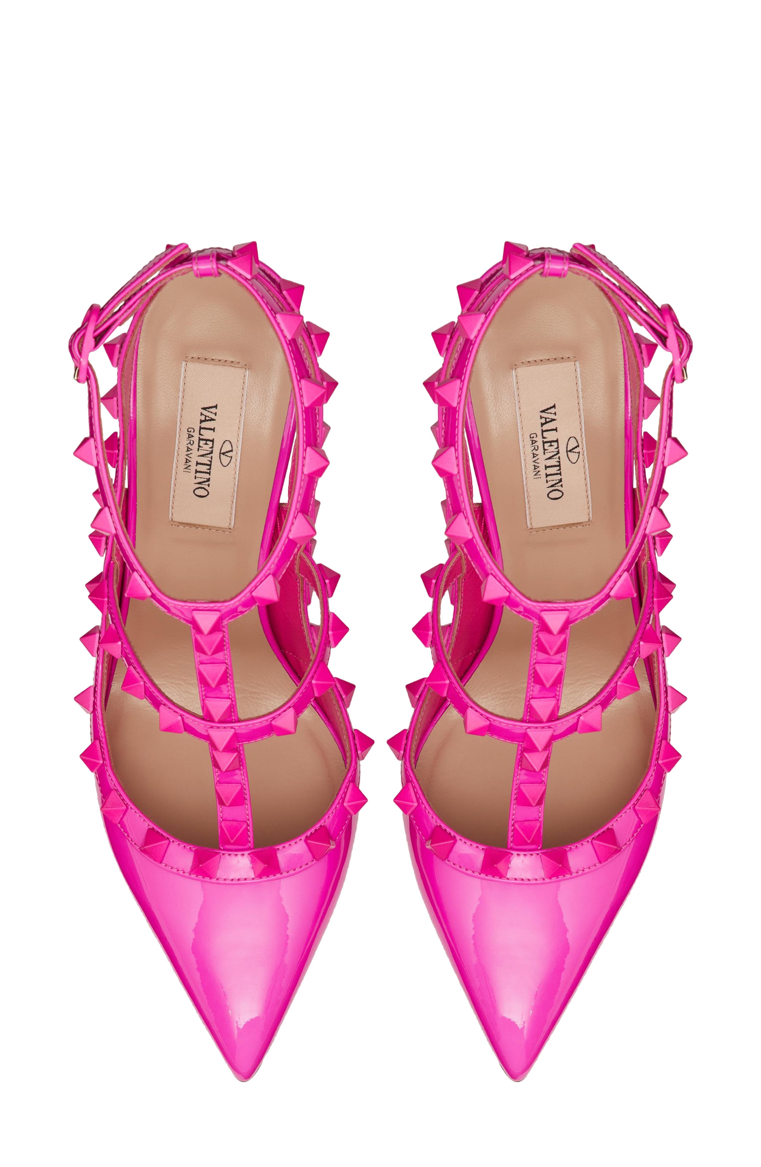 Rockstud Patent T-Strap Pointed Toe Pump, Alternate, color, UWT PINK PP