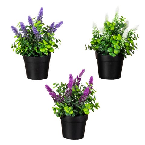 8-in Artificial Spiked Lavender Plant in Black Pot - Set of 3
