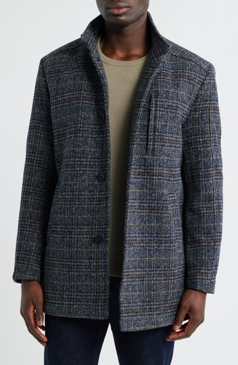 Johnston & Murphy Upton Plaid Wool Blend Car Coat with Removable Bib, Alternate, color, Navy/ Brown Plaid