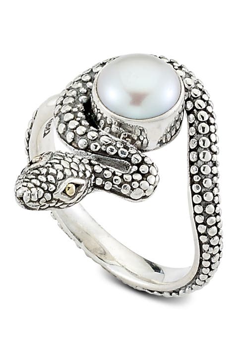 Sterling Silver & 18K Yellow Gold 9mm White Freshwater Pearl Snake Ring
