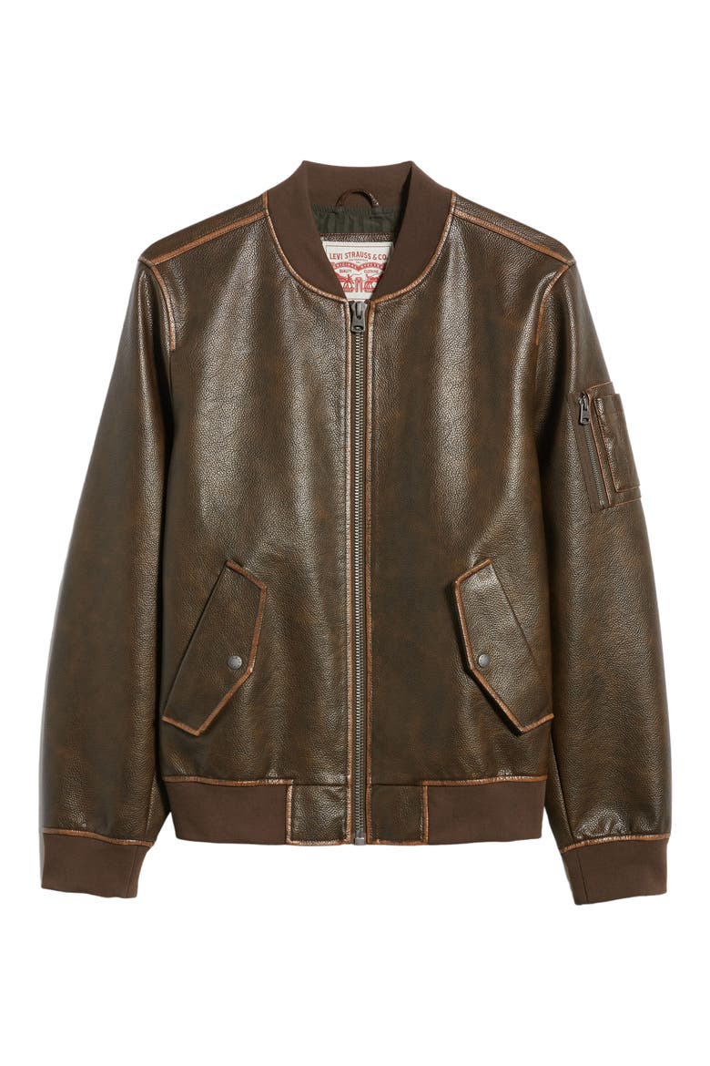 Varsity Faux Leather Bomber Jacket, Alternate, color, GRAINY COW BROWN