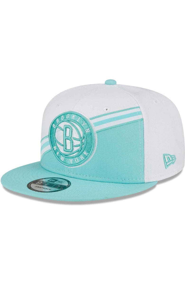 New Era Men's New Era White/Turquoise Brooklyn Nets Diagonal Split 9FIFTY Snapback Hat, Main, color,