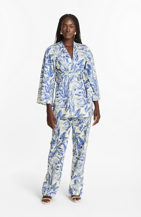 Leer Pants Toile Blu in Printed Cotton Poplin