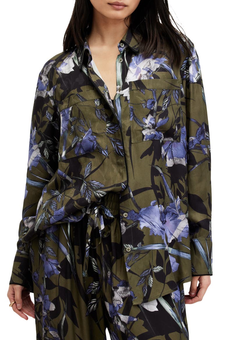 Eve Batu Floral Button-Up Shirt, Alternate, color, DEEP KHAKI GREEN