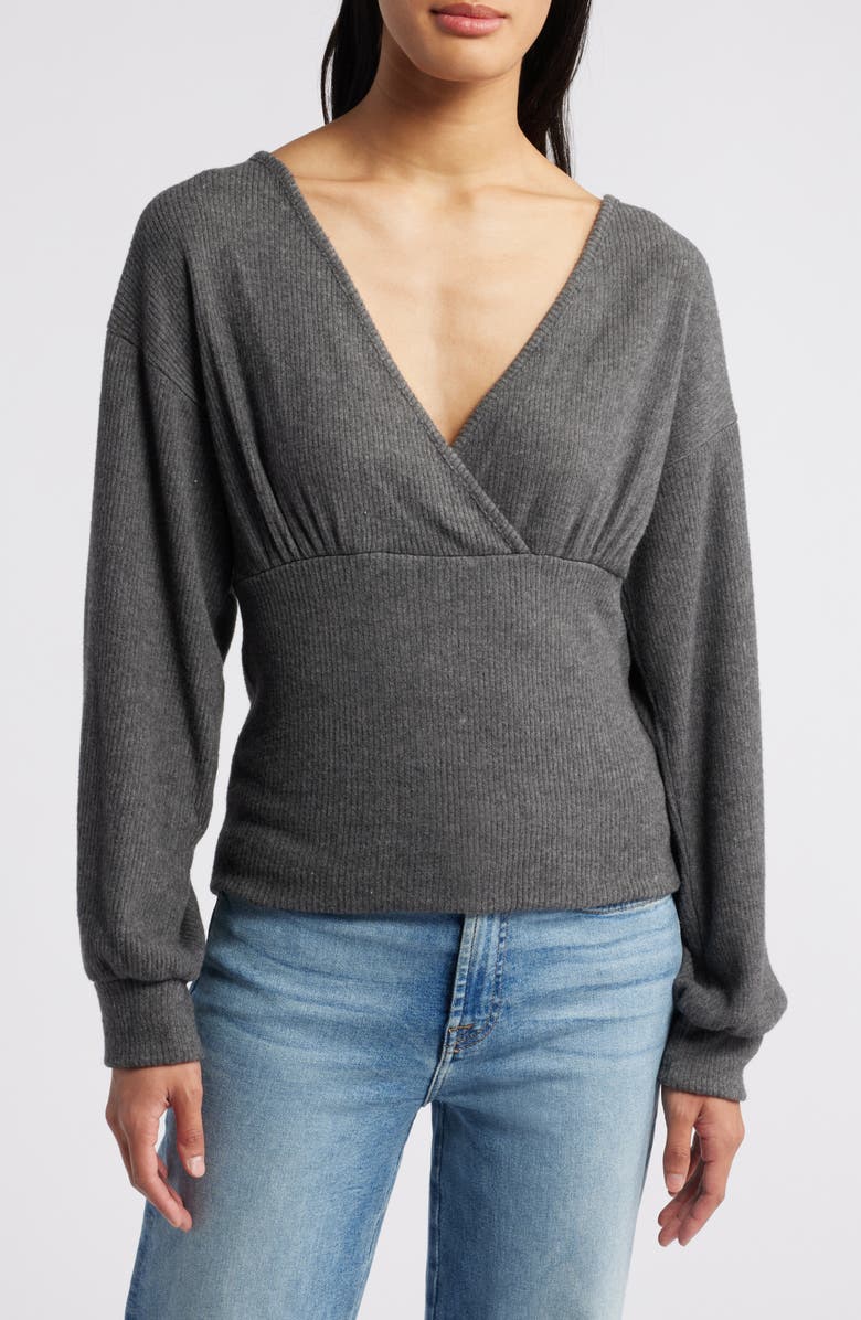 Loveappella Empire Tie Back Rib Top, Main, color, Charcoal