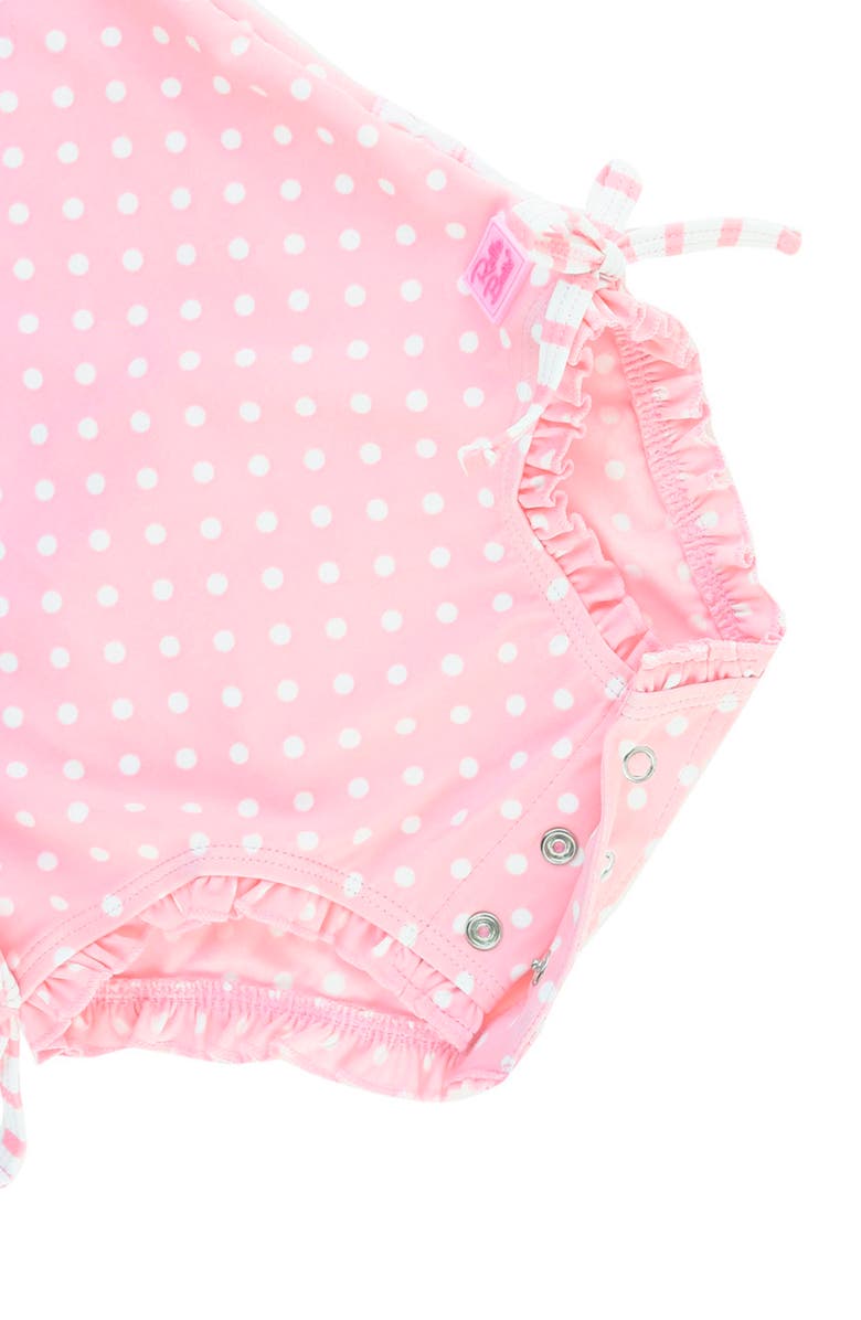 RuffleButts Pink Polka Dot One-Piece Rashguard Swimsuit & Hat Set, Alternate, color, Pink Polka Dot