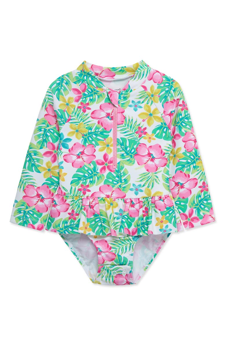 Little Me Tropical Long Sleeve One-Piece Rashguard Swimsuit, Main, color,