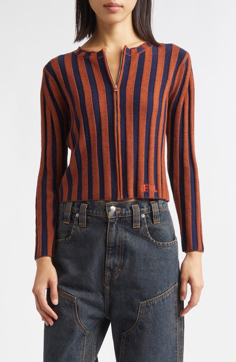 Eckhaus Latta Keyboard Stripe Merino Wool Crop Zip Cardigan, Main, color, Sierra Nevada